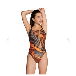 NWT New SPEEDO Coded Riff Flyback Racing Swimsuit Black Orange Print 24 Girl 8
